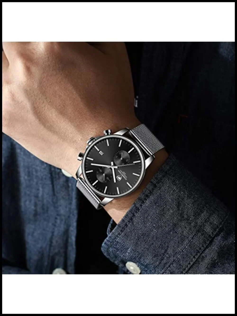 Mens Quartz Analog Chronograph Watch Mesh Stainless Steel Waterproof Auto Date